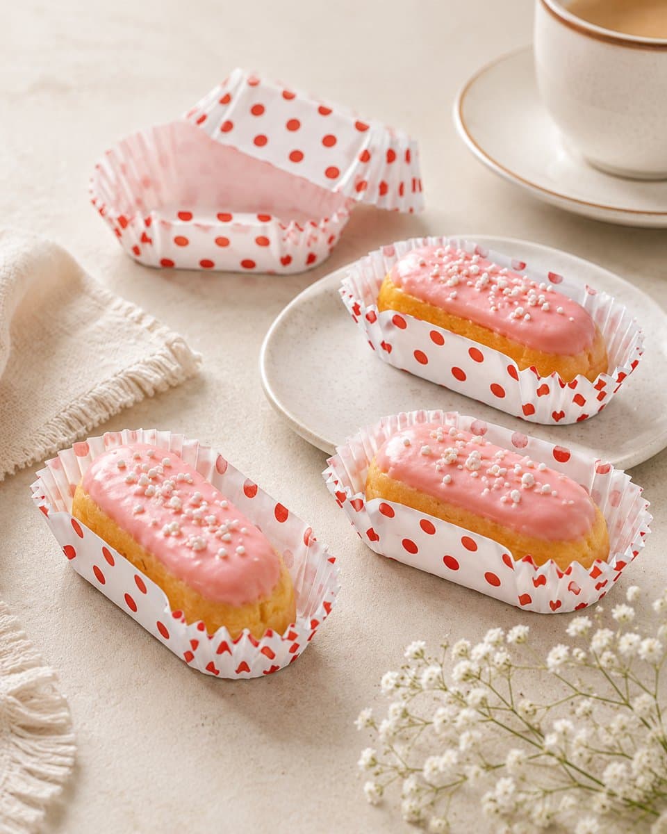 Sunplast Eclair Cake Vormpjes – Papieren Bakvormpjes – wit met Rode Stippen – Wegwerp – Voor Eclairs, Petit Fours & Gebak