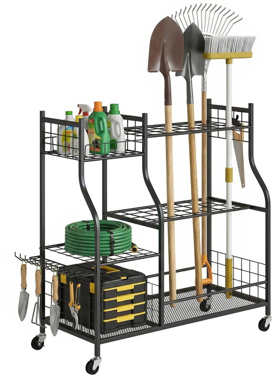 Nutrella Tuingereedschapsorganizer - Opbergrek - Tuingereedschap - 3-laags - 32 vakken - 4 wielen - 11 haakjes - 104x40x95 cm - Zwart
