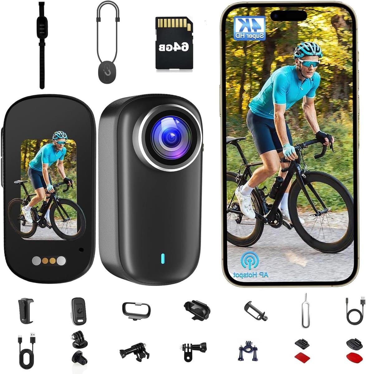 Actiecamera Bodycamera - Mini Cam - Avontuur Vastleggen - 4K Groothoek - 64GB Geheugen - Zwart