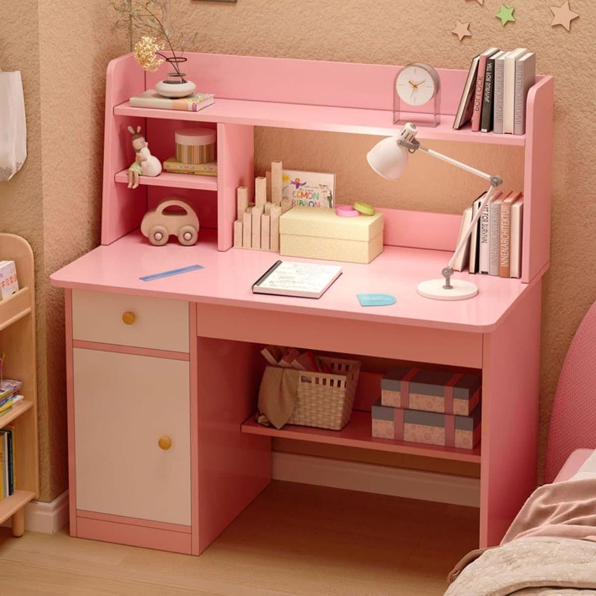 Kinderbureau met Lade - Bureau Kinderen Boekenplank - Studeren en Spelen - Geïntegreerd Ruimtebesparend Ontwerp