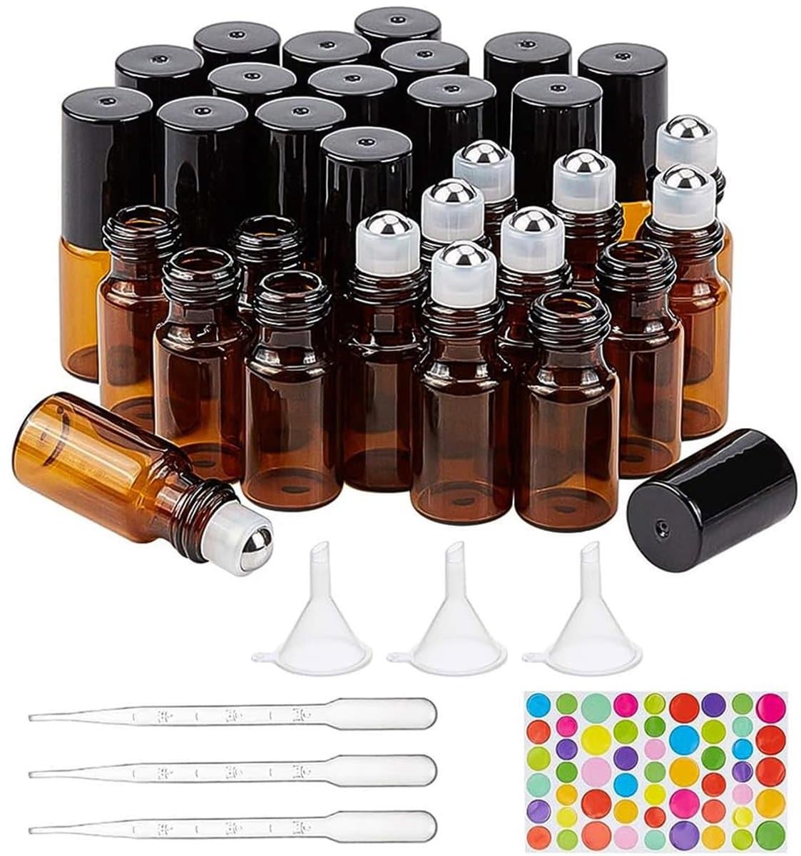 Omgoods- Flessen Set 30 Stuks - 3 ml Amberkleurig Glas - Met Zwarte Dop - Inclusief Trechters/Druppelaars - Perfect voor Etherische Olie - Lichtgewicht en Klein - Olieflessen