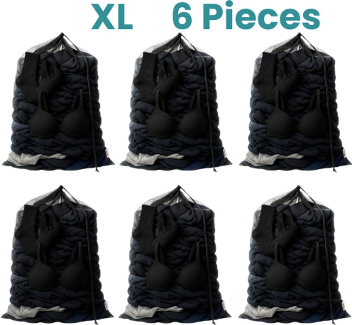 NORDIX Waszak Groot XL - 60x90CM - Waszakken - 6 Stuks - Laundry Bag - Wasnet - Waszakje - Treksysteem - Trekbandsluiting - Polyester - Schoenenzak - BLACK