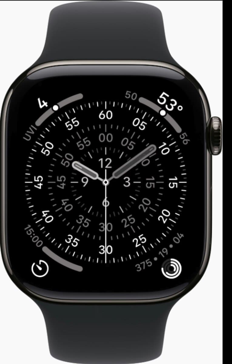 Apple Watch Series 11 GPS + mobiel netwerk, 46 mm, slate titanium behuizing met zwarte sportband - S/M