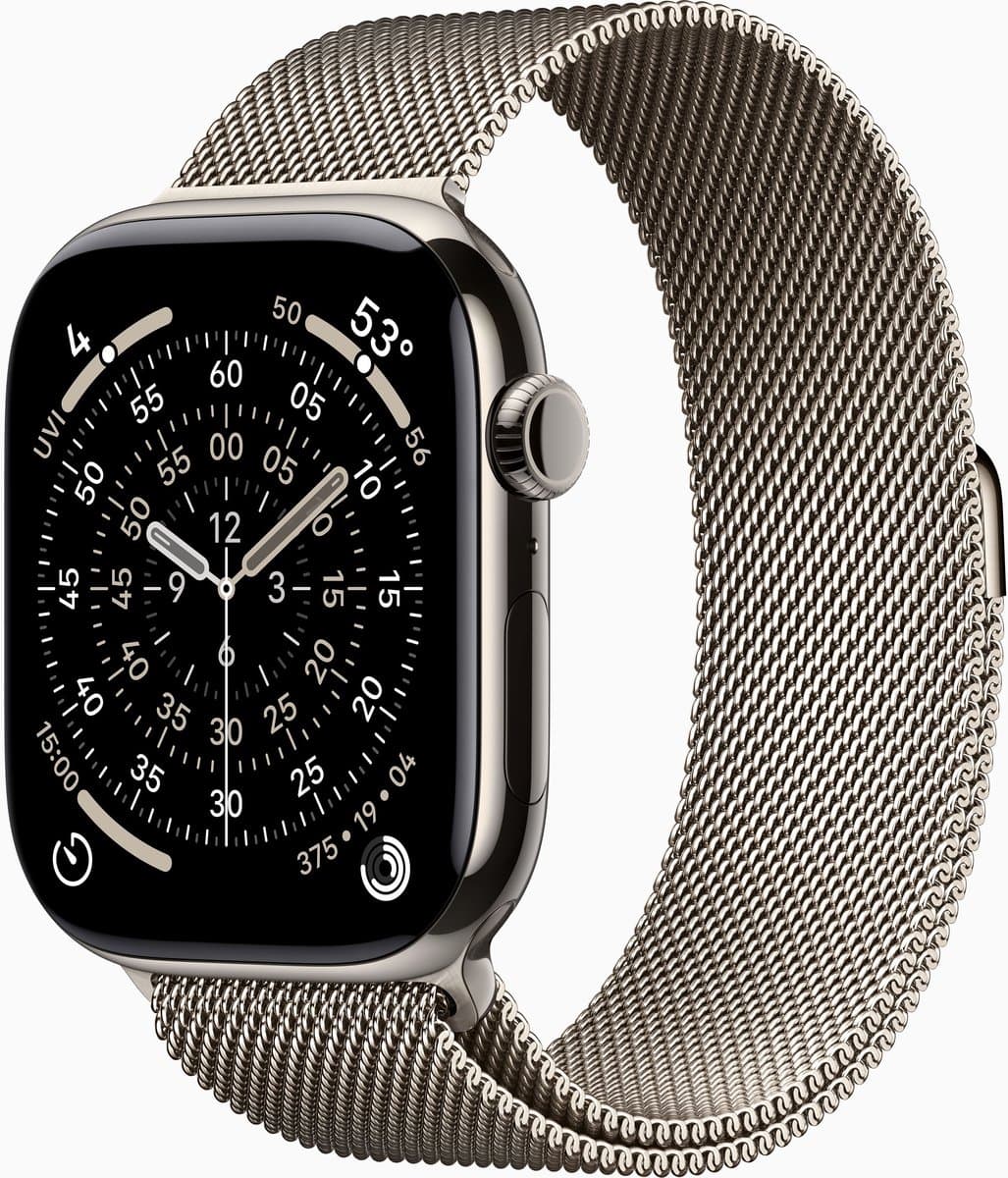 Apple Watch Serie 11 GPS + Mobiel 46 mm– Natuurlijk titanium kast met natuurlijke Milanese band – M/L