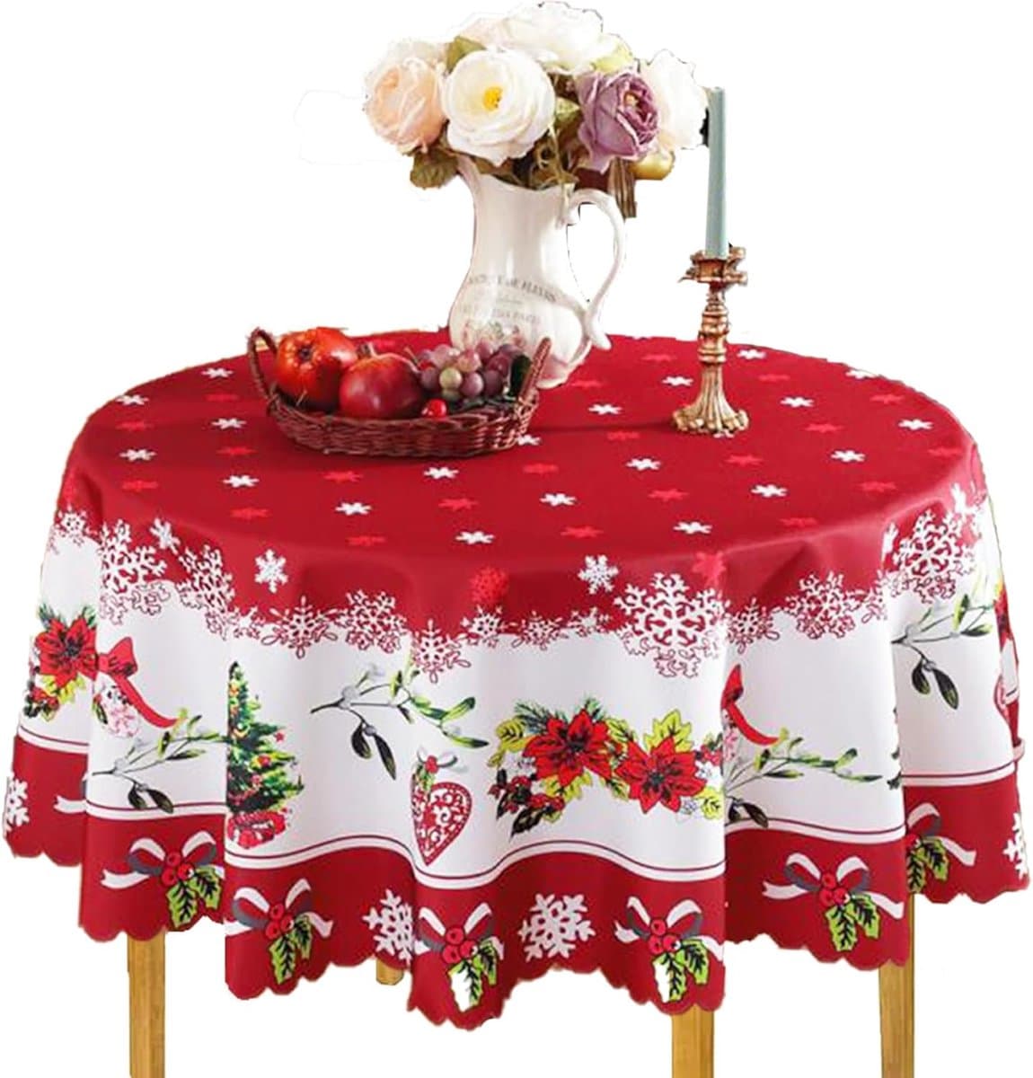 Sander Shop 150 cm rond tafelkleed kerst 150 cm kerst tafelkleden kerstman sneeuwpop kerstboom kerst ronde tafelkleed wasbare vakantie tafelkleed voor kerstfeest diner decoratie (rood )