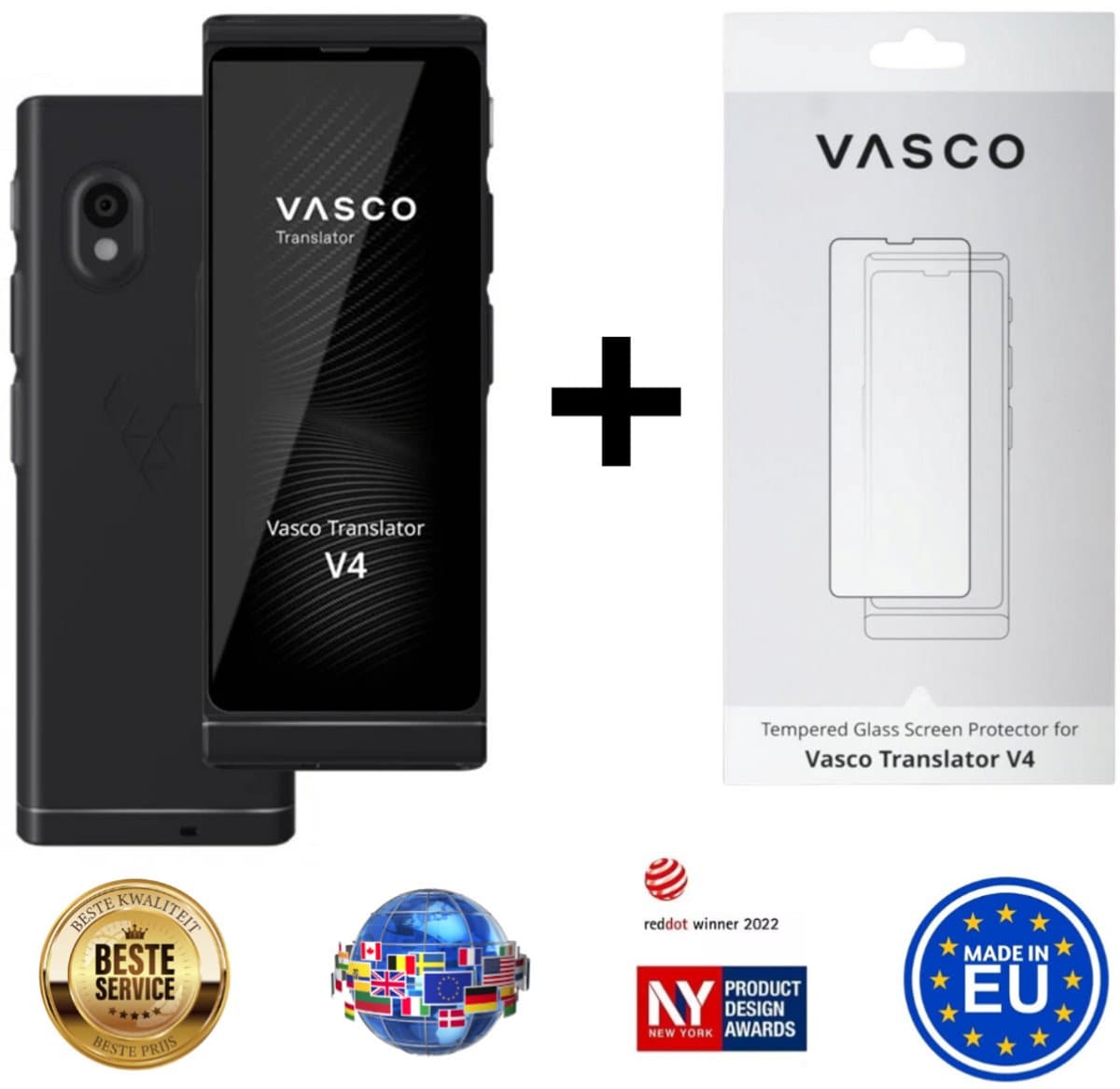 Vasco Translator V4 Onyx Black + Vasco Screen Protector - taalvertaler nr 1 ter wereld - foto's en tekstvertaling - stemvertaling - werkt in bijna 200 landen