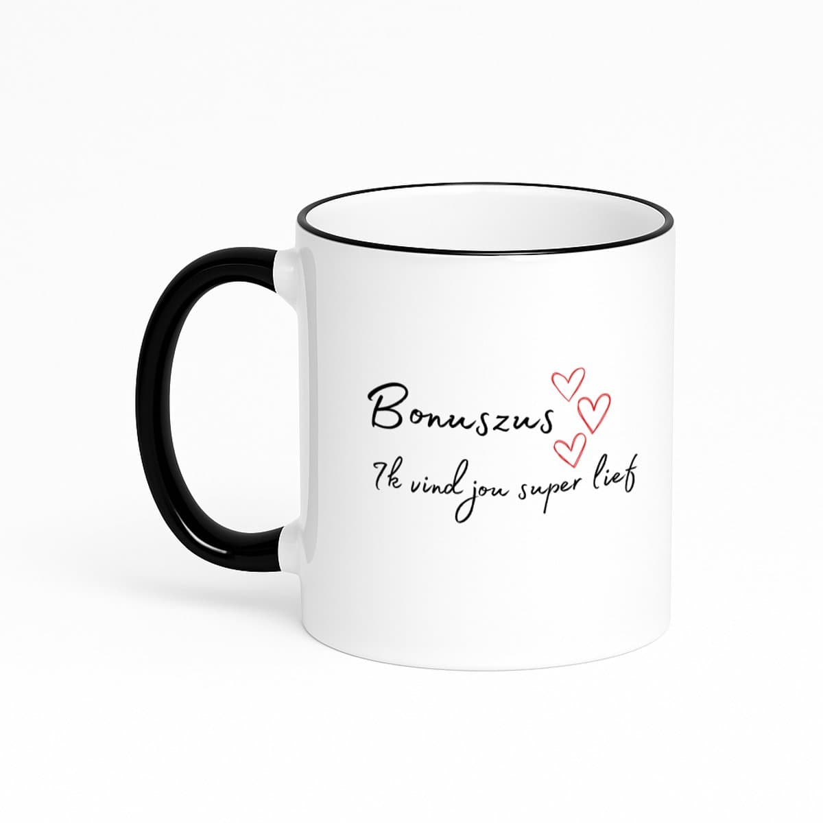 Hacebo® - bonuszoon ik vind jou super lief koffiebeker met gekleurde rand zwart - Zoon - de liefste bonuszoon - thee mok - koffie beker - verjaardag - cadeautje voor zoon - zoon artikelen - kado - geschenk - koffiemok - 330 ML