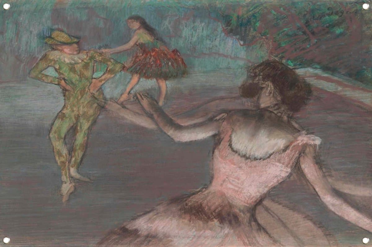 Harlekijn en dansers - Edgar Degas tuinposter - Dansers poster - Tuinposter Kunst - Posters buiten - Tuindoek - Decoratie muur tuinposter 150x100 cm