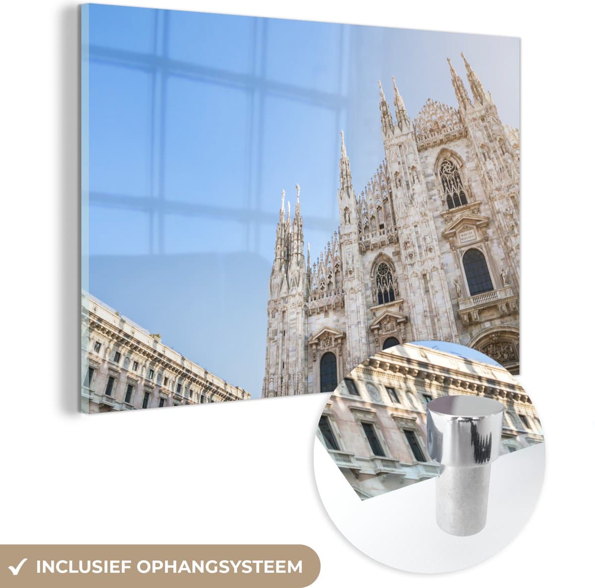 MuchoWow® Glasschilderij 90x60 cm - Schilderij acrylglas - Milaan - Zon - Duomo - Foto op glas - Schilderijen