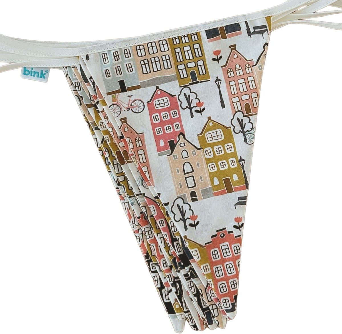 BINK Bedding Stoffen Slinger - Vlaggenlijn Adam model XXL (10 mtr, 21 vlaggetjes) - print met huisjes - Hollandse huisjes - ecru - roze - peach - blue - grijs - mosterdgeel - feest - verjaardag