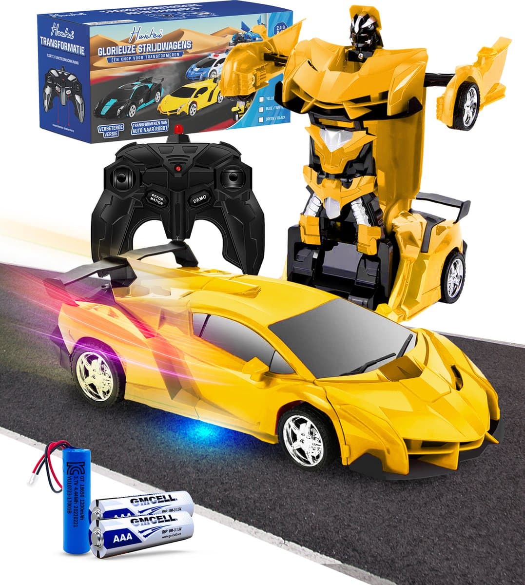 Huntex RC Transformerende Auto/Robot - 2 in 1 - Afstand Bestuurbare Auto - Inclusief Batterijen - Geel - Neonlicht - Radiografische - Speelgoed Auto - Robot Speelgoed Jongens