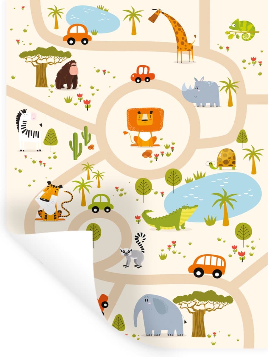 Muurstickers - Sticker Folie - Safari - Auto - Kinderen - Beige - 120x160 cm - Plakfolie - Muurstickers Kinderkamer - Zelfklevend Behang XXL - Zelfklevend behangpapier - Stickerfolie