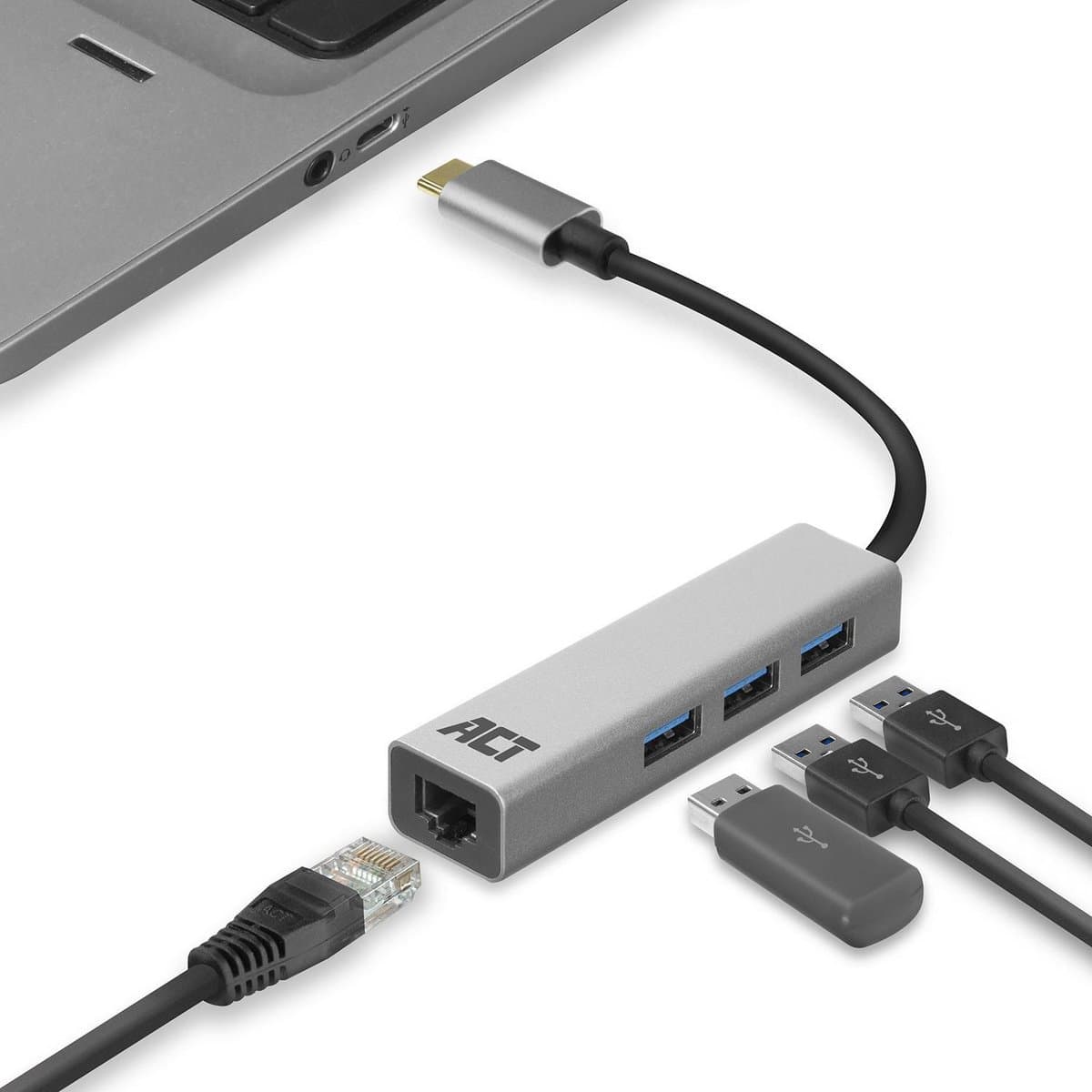 ACT USB-C 3-poorts hub met ethernet