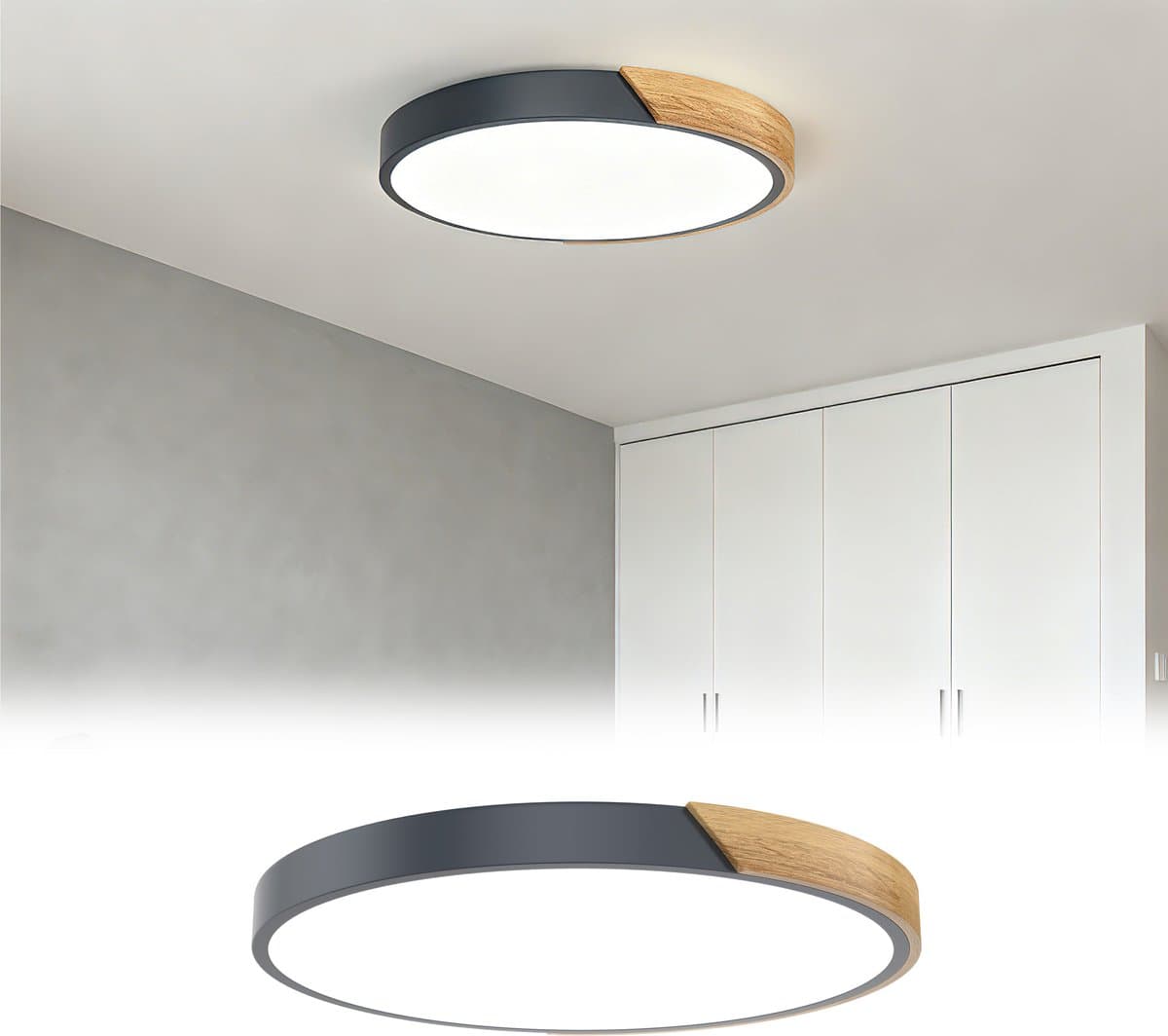 Aufun LED Plafondlamp Van Hout - 96W - Koel Wit 6000-6500K - Moderne Keukenlamp Voor Woonkamer, Slaapkamer, Eetkamer, Gang, Kelder, Balkon - Grijs - 60cm