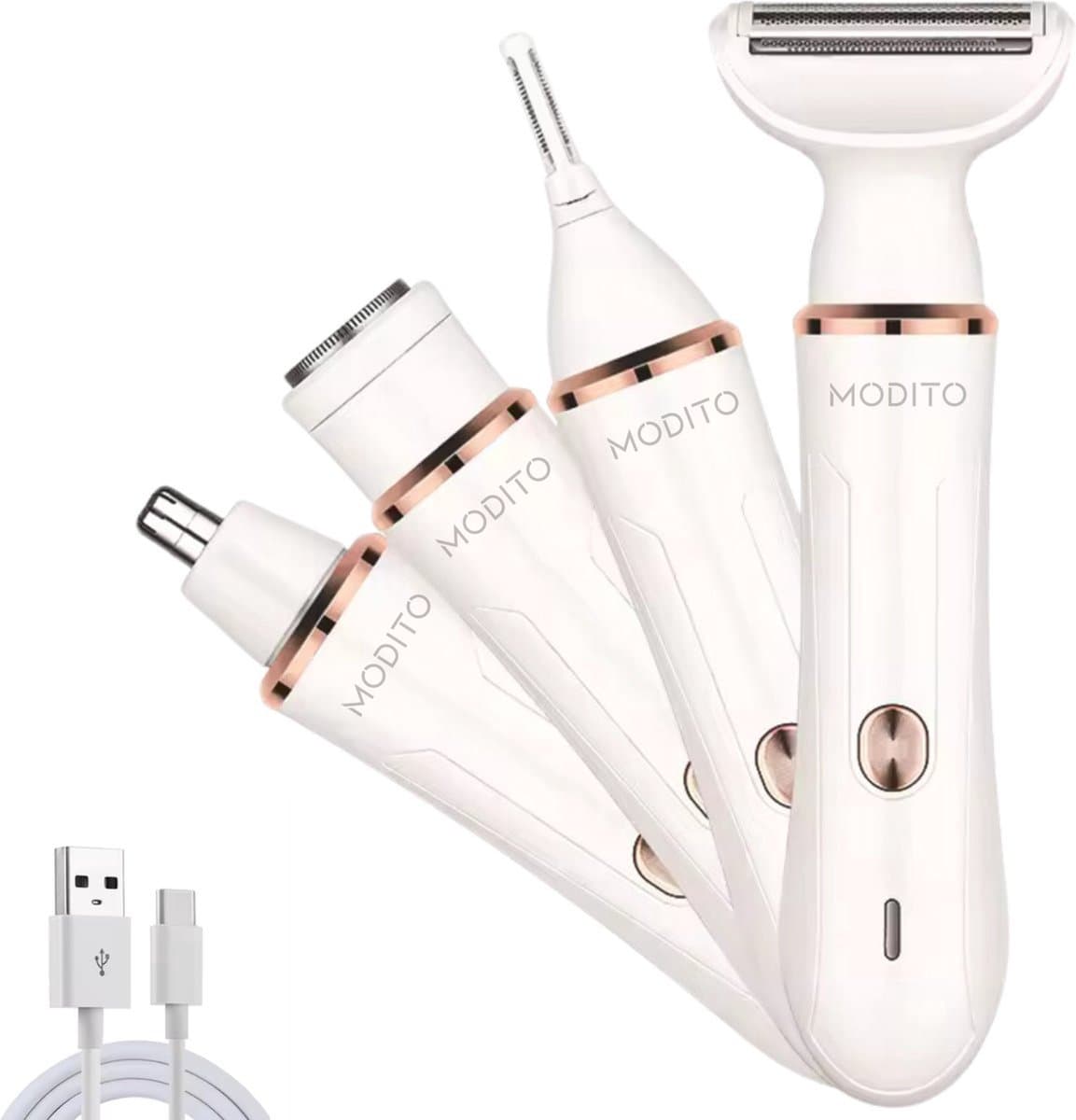 Modito 4-in-1 Ladyshave - Scheerapparaat voor vrouwen - Voor lichaam & gezicht - Precisietrimmer - Oplaadbaar - Wit
