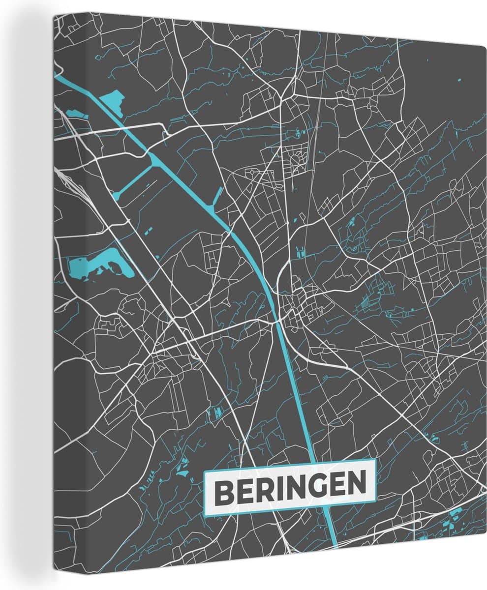 Canvas Schilderij België – Beringen – Stadskaart – Kaart – Blauw – Plattegrond - 50x50 cm - Wanddecoratie