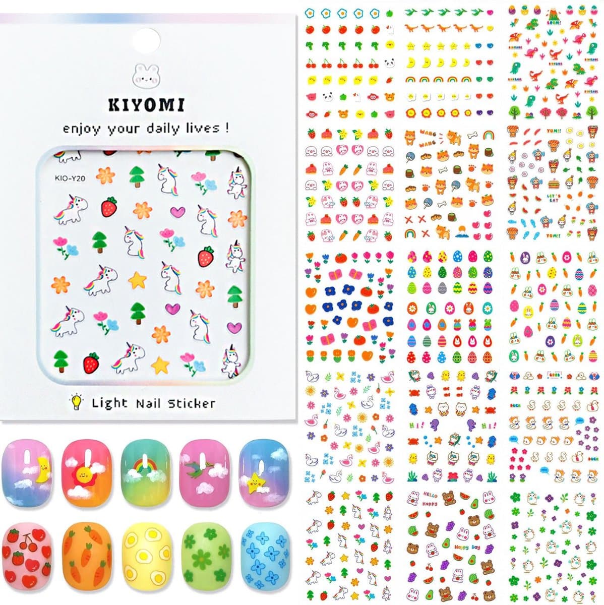 Kiyomi - 15 vellen Nagel stickers - Voor kinderen - Nagelstickers dinosaur, beeren, fruit, unicorn, ect - Nagel Decoratie - Cute kawaii nailart stickers- Kids nail stickers