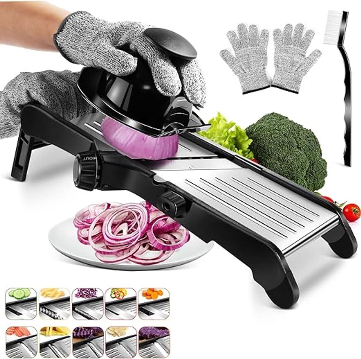 Mandoline-voedselsnijder, 3-in-1 opgewaardeerd verstelbaar roestvrij staal met wafelbaksnijder Aardappelchips Groente-ui-dun tot 9 mm met handschoenenbeschermer en borstel
