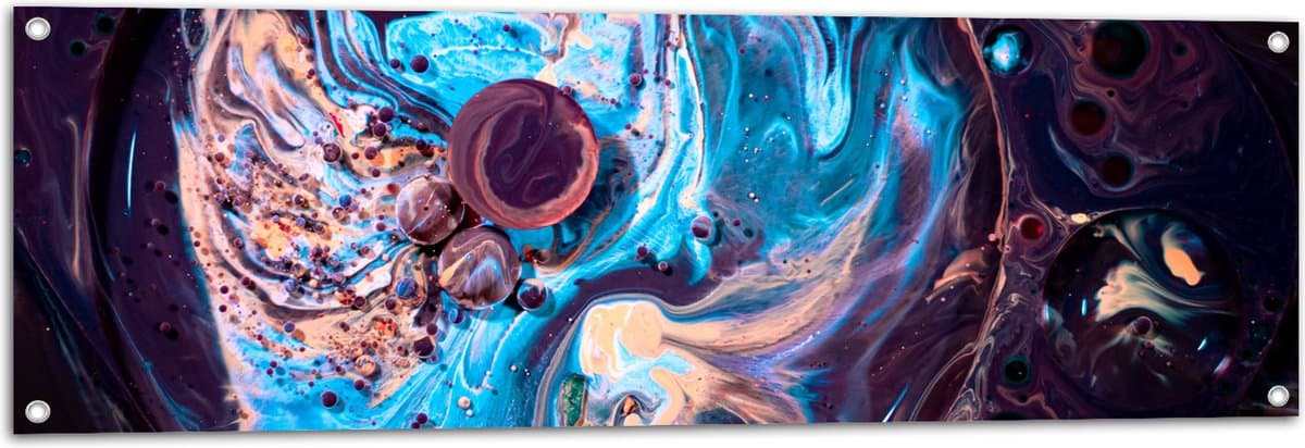Tuinposter – Verfmix van Blauw, Paars en Oranje - 120x40 cm Foto op Tuinposter (wanddecoratie voor buiten en binnen)
