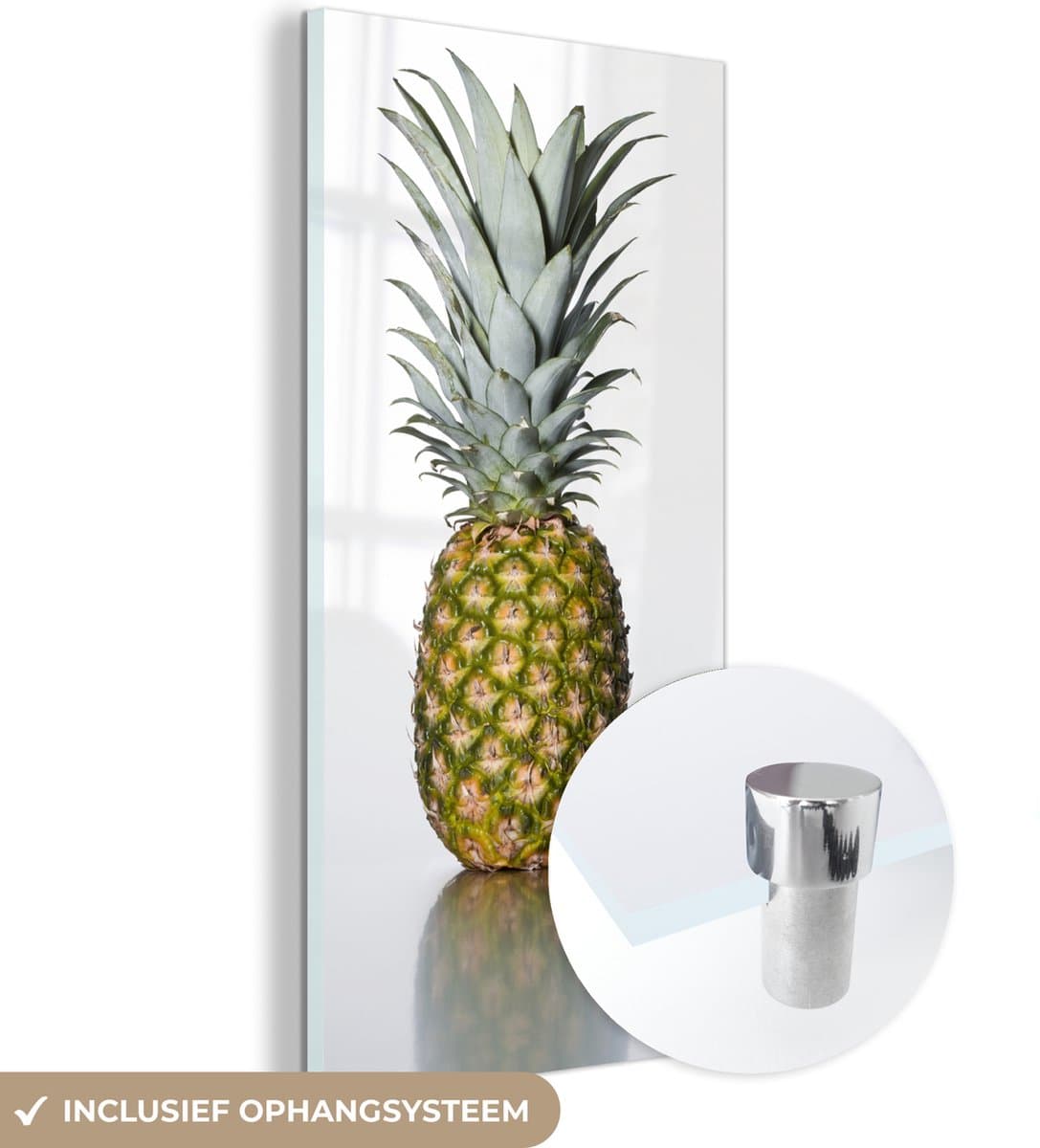 ® Glasschilderij 40x80 cm - Schilderij acrylglas - Ananas - Reflectie - Wit - Foto op glas - Muurdecoratie woonkamer - Wanddecoratie slaapkamer - Schilderijen