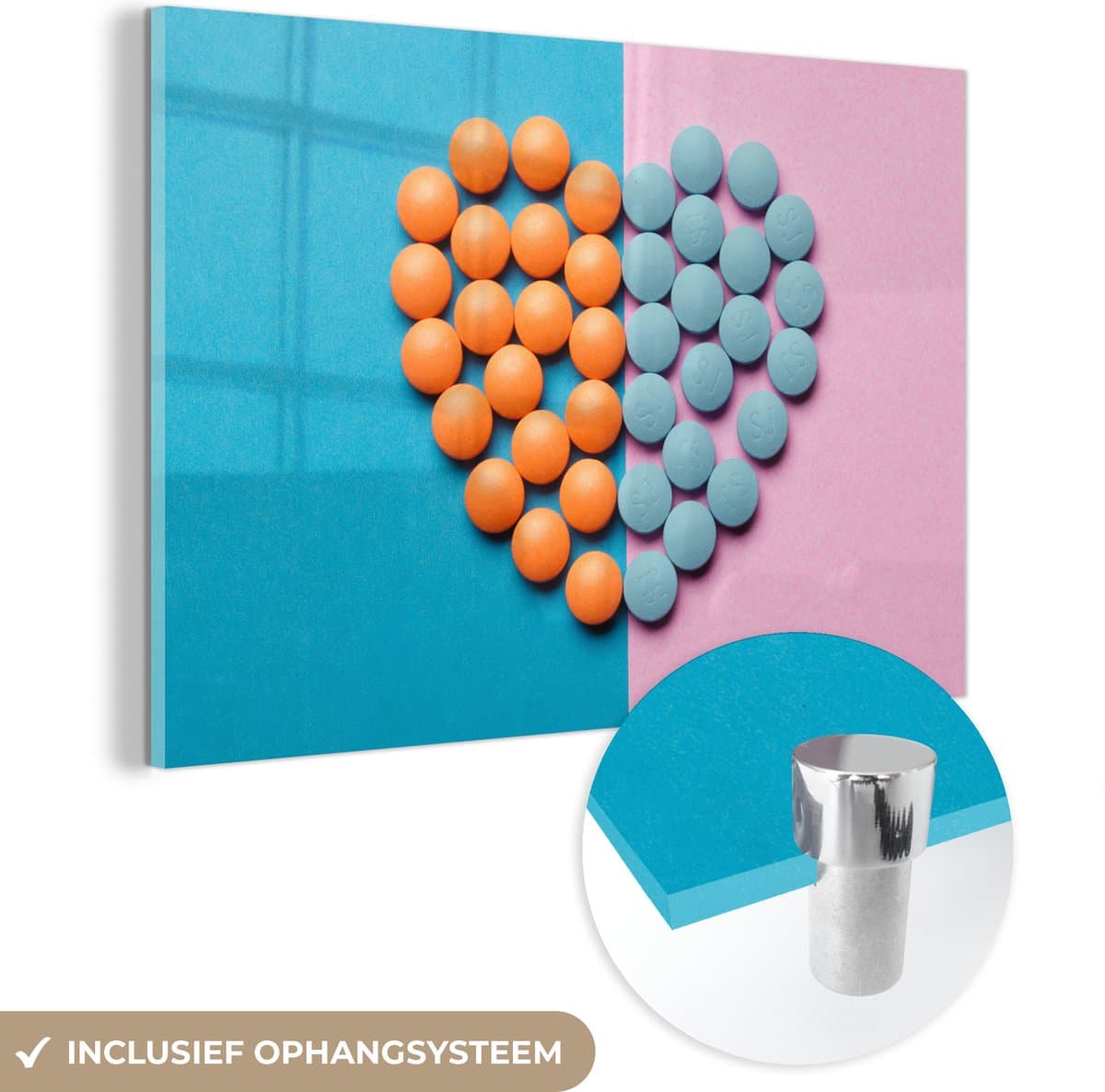 ® Glasschilderij 90x60 cm - Schilderij acrylglas - Hart - Tabletten - Pastel - Foto op glas - Muurdecoratie woonkamer - Wanddecoratie slaapkamer - Schilderijen