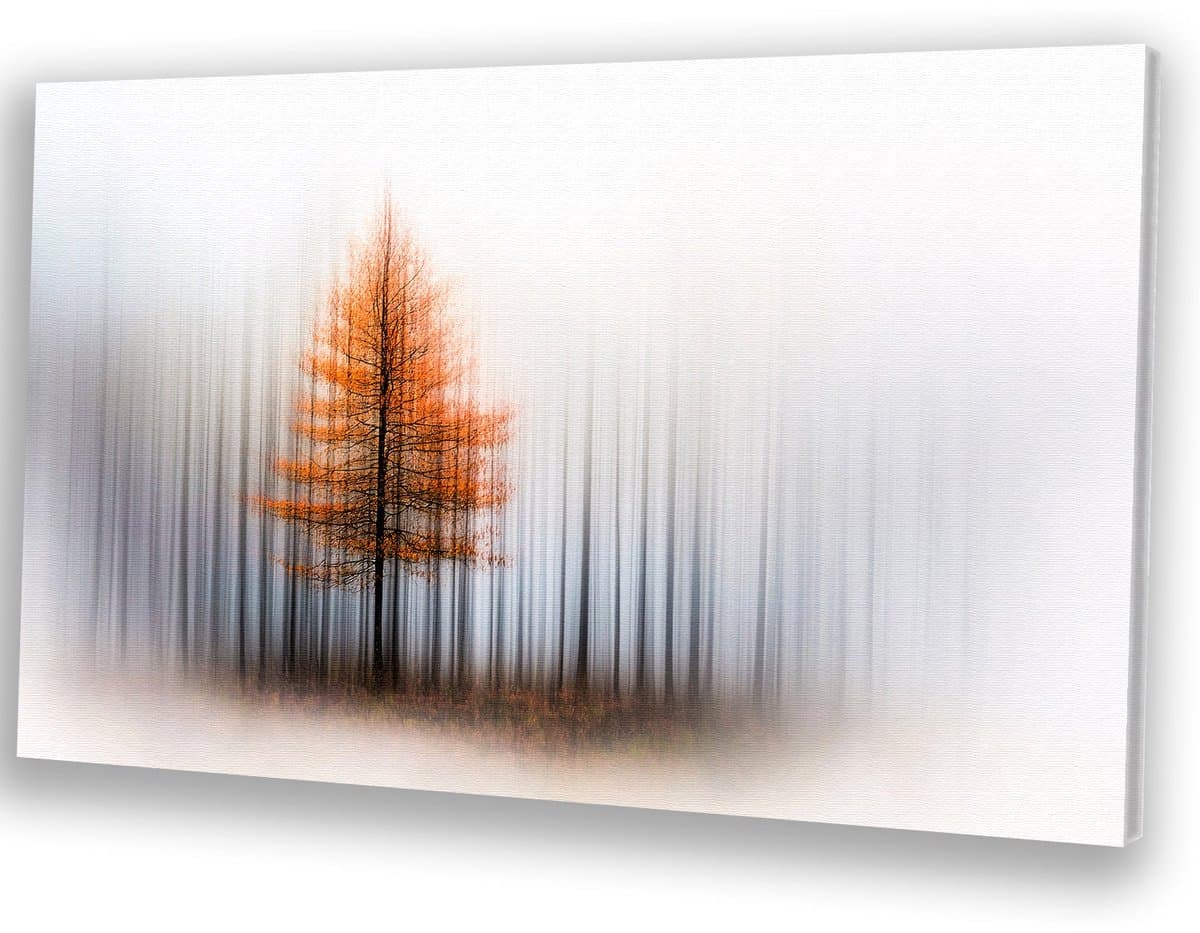 Herfstboom in mystieke mist - Boom schilderij op canvas - Schilderij op canvas bos - Minimalisme - Design aan de muur - Muurdecoratie - Canvas 60x40 cm