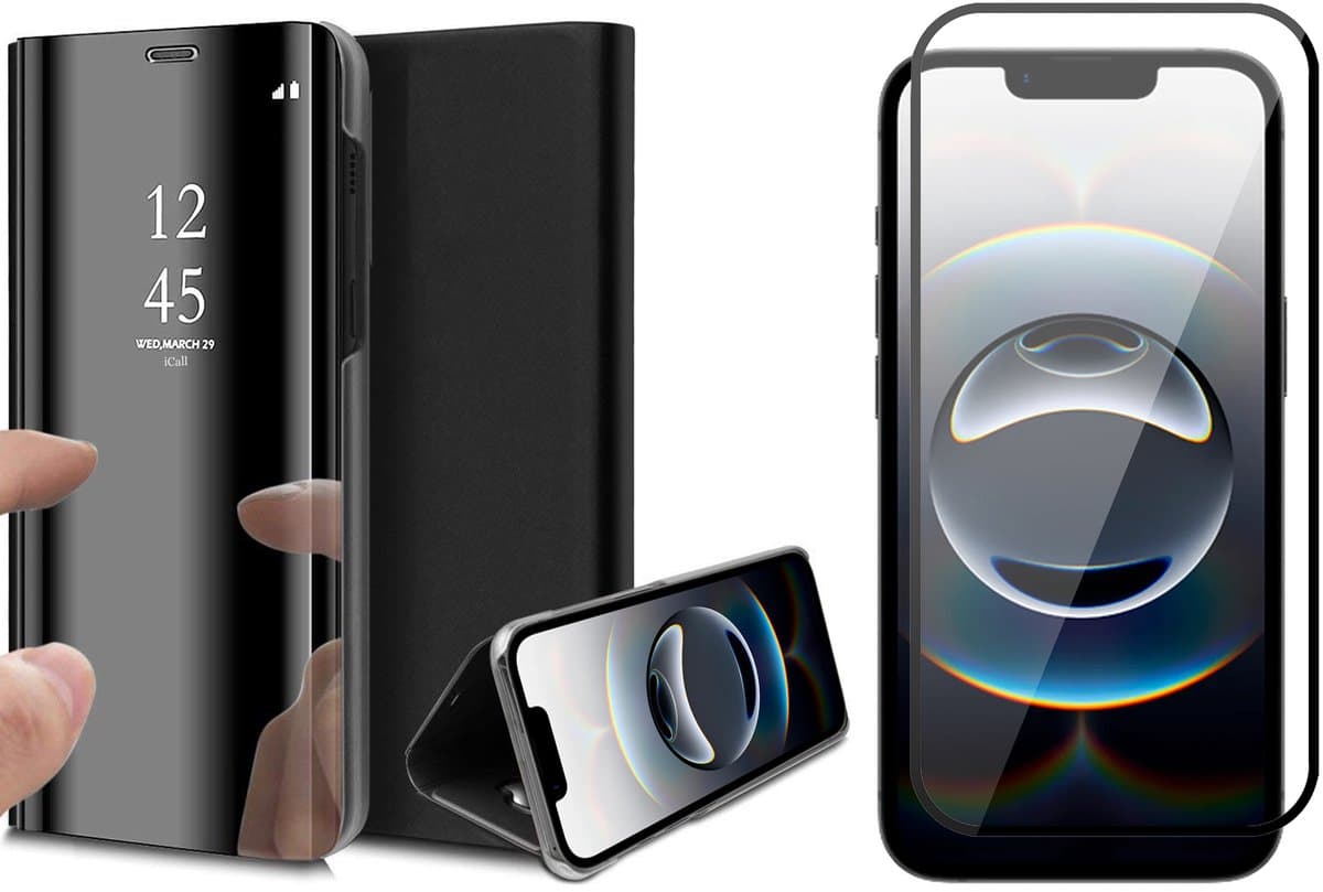 Hoesje geschikt voor iPhone 16e - Screenprotector Volledig Dekkend Glas - Spiegel Book Case Zwart