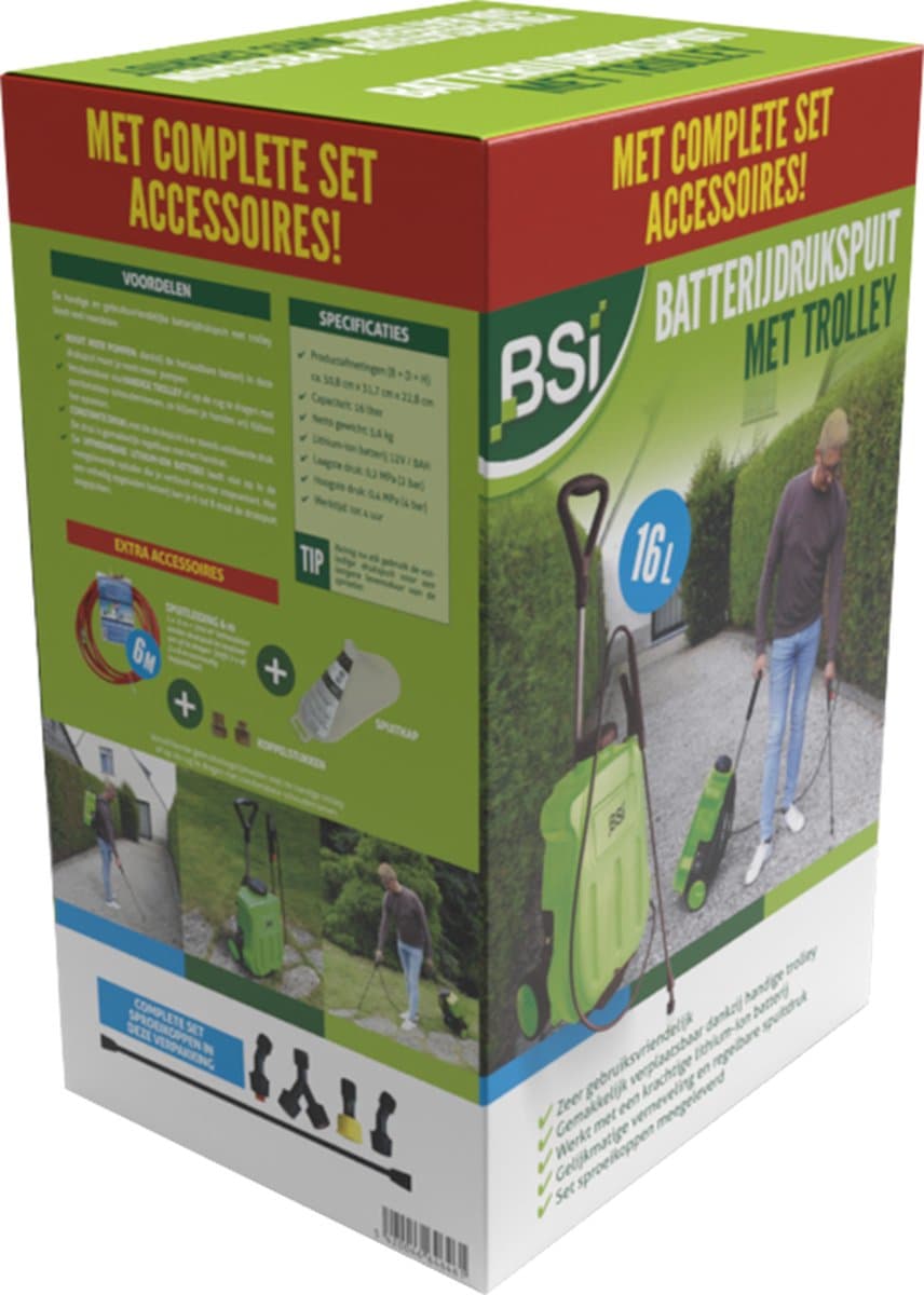 BSI - Batterijdrukspuit met Trolley met actiepakket - Extra spuitleiding van 6 m + spuitkap voor een nog betere toepassing - Hoogwaardige en gebruiksvriendelijke rugsproeier - 16 l inhoud