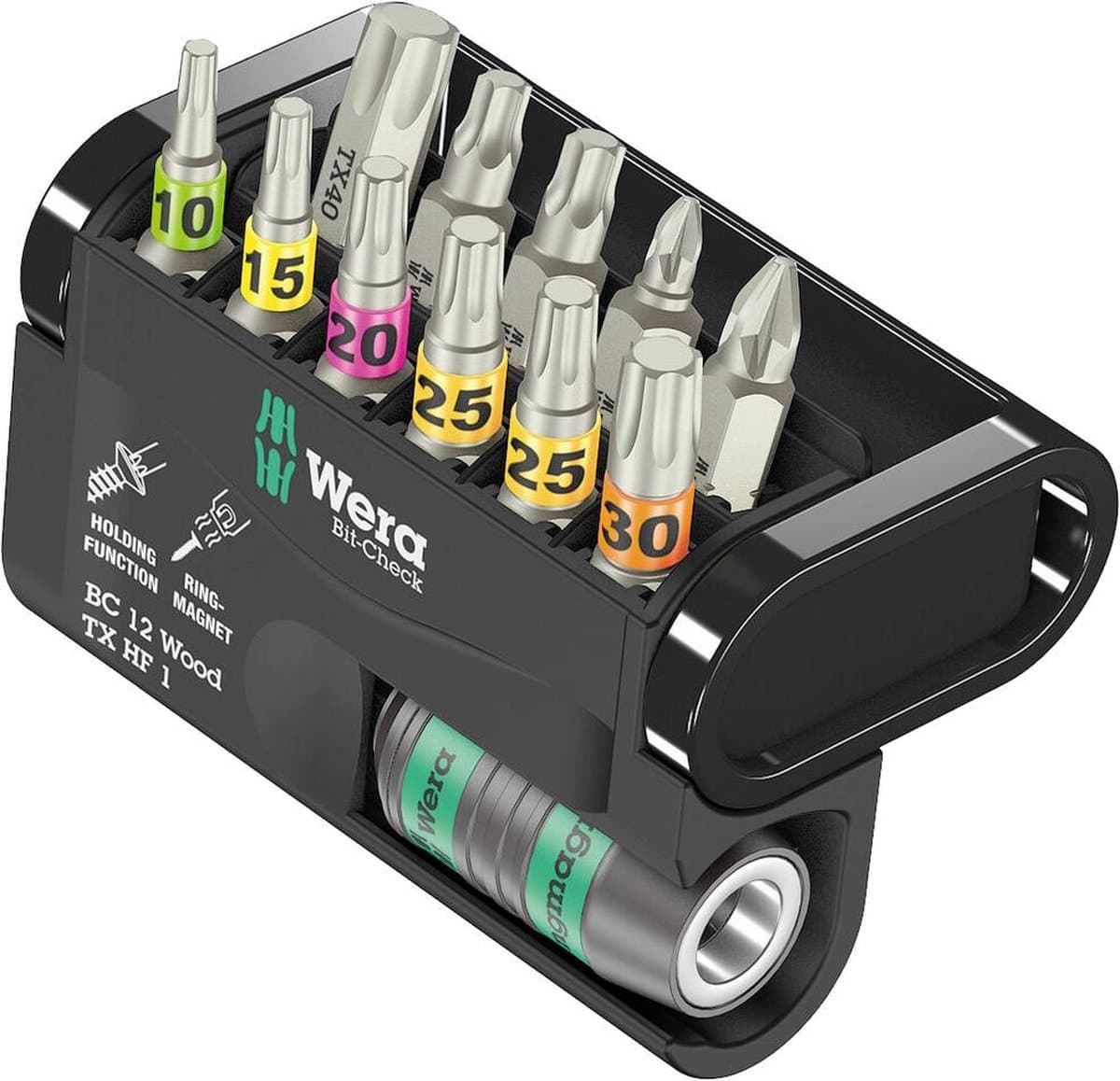 Wera Bit-Check 12 Wood TX HF 1 05057435001 Bitset 12-delig Torx, Kruiskop Phillips, Kruiskop Pozidriv