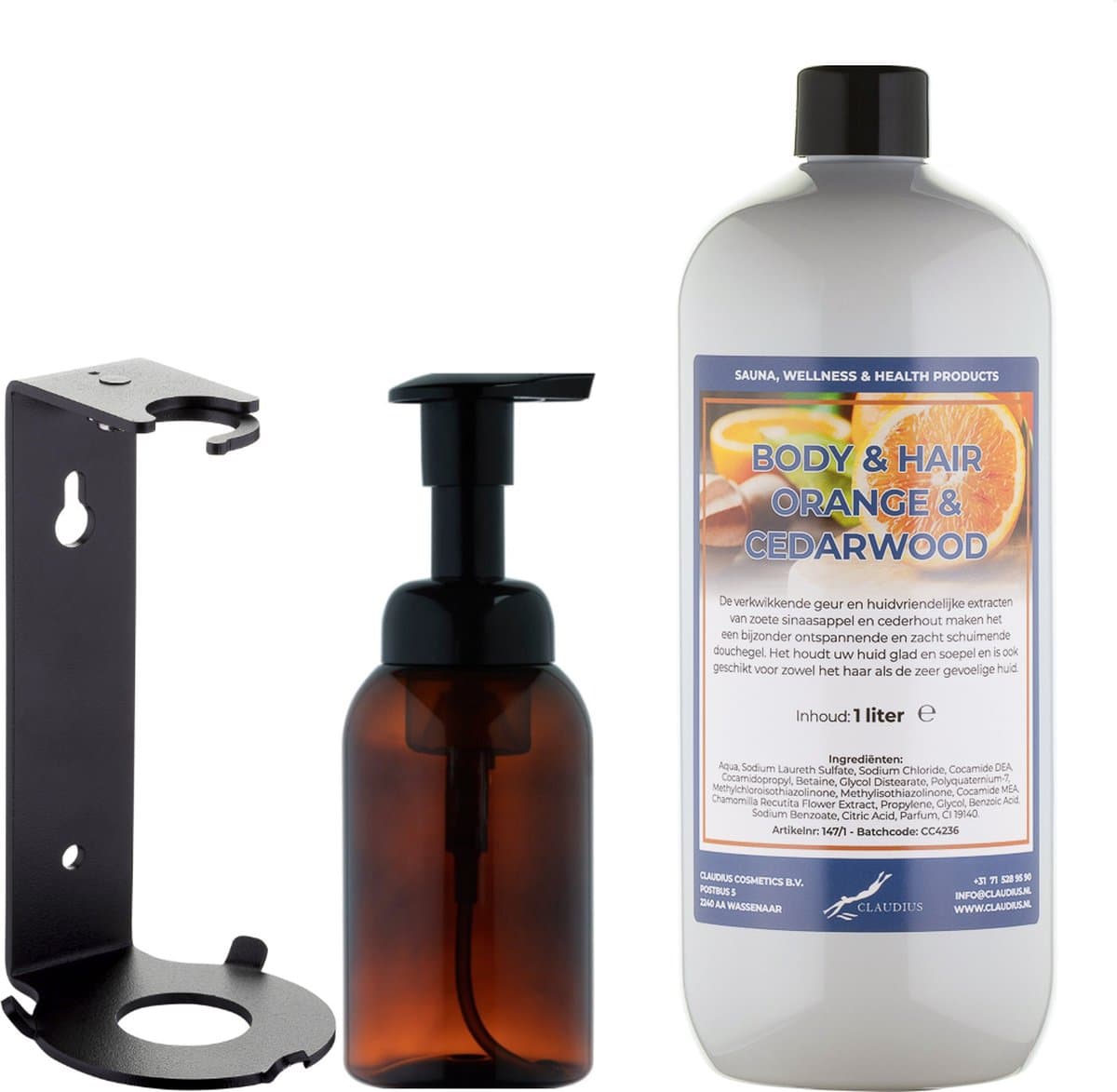 Zeepdispenser 300 ml amber bruin hervulbaar + 1 liter Body & Hair Sweet Orange & Cedarwood navulling (inclusief beugel)