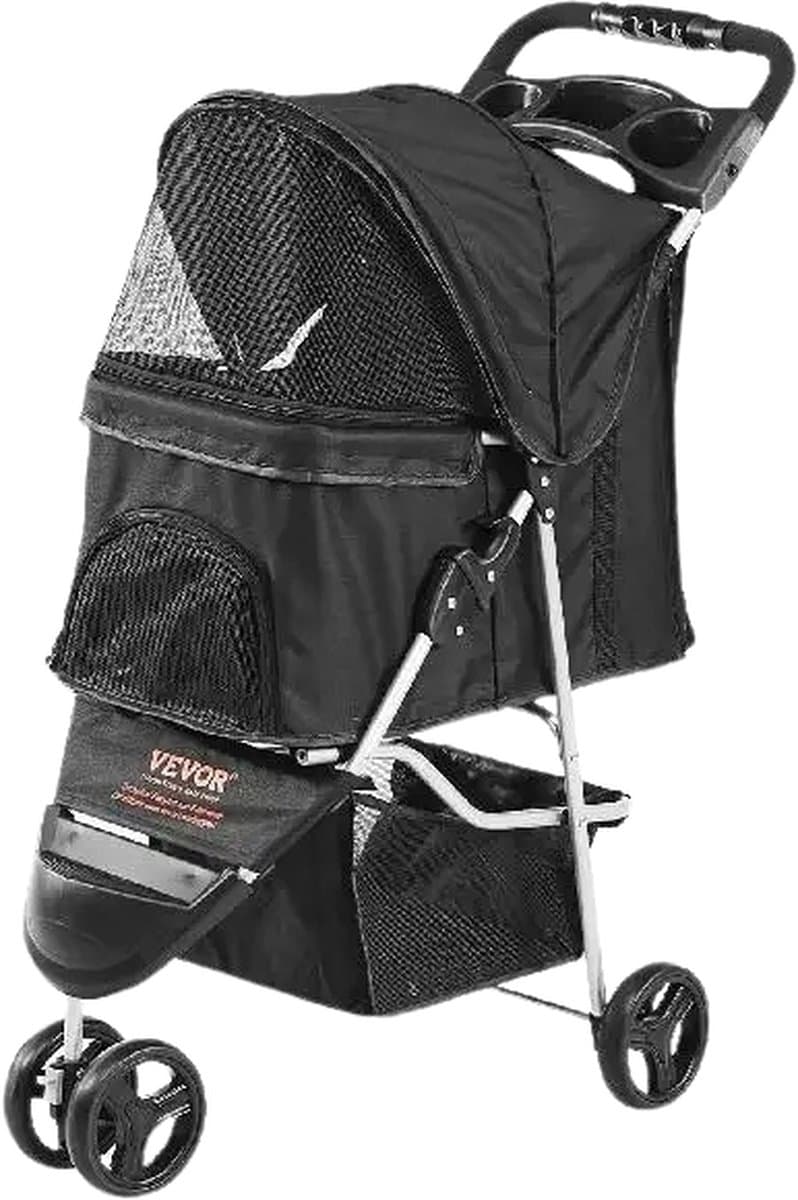 KTN® - Hondenbuggy - Inklapbare buggy - Honden - Katten - Huisdier - Wandelwagen - Opslagmand - Boodschappenmand - met Opstap - Bekerhouder - Zwart