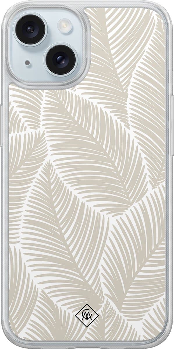 Casimoda® hoesje - Geschikt voor iPhone 15 - Palmy Leaves Beige - 2-in-1 case - Schokbestendig - Natuur - Verhoogde randen - Goudkleurig, Transparant