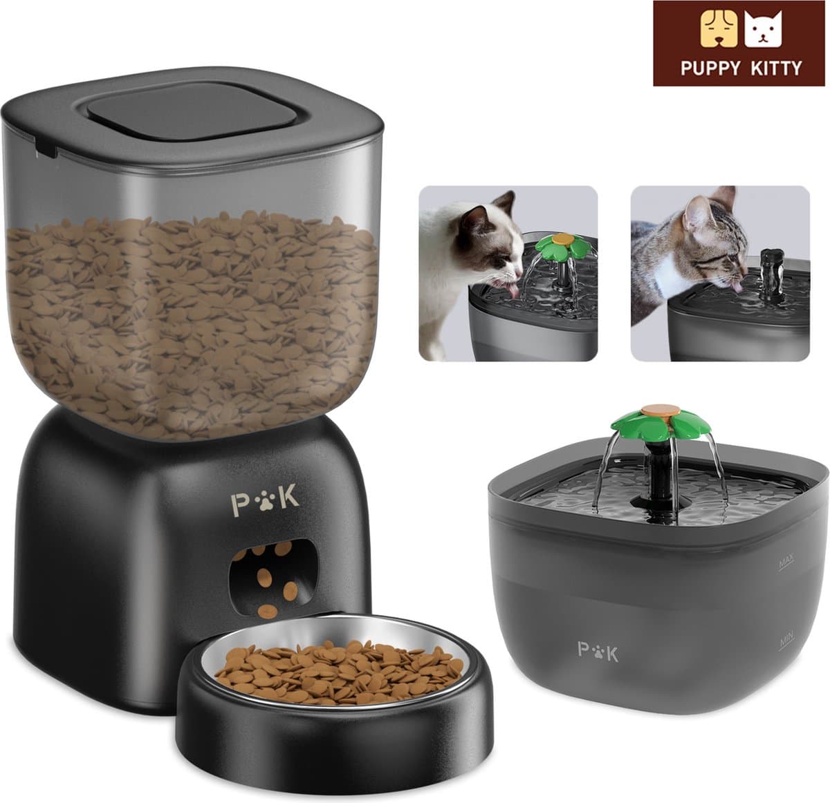 PUPPY KITTY® 2-in-1 Voer & waterdispenser - Kat & Hond -Automatische Voerbak - Voerbak voor katten - Automatische Waterbak - Waterdispenser - Voeder - Eetbak - Drinkbak - Zwart
