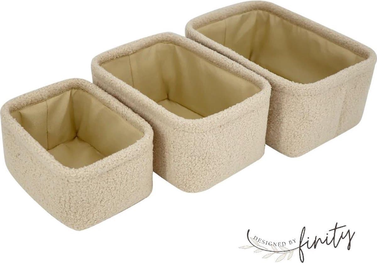 Design by Finity - Set van 3 - Teddy stof - Opbergmand - Opbergmand kinderkamer - Baby kamer decoratie - Commodemandje - Organizer - Beige - Trendy