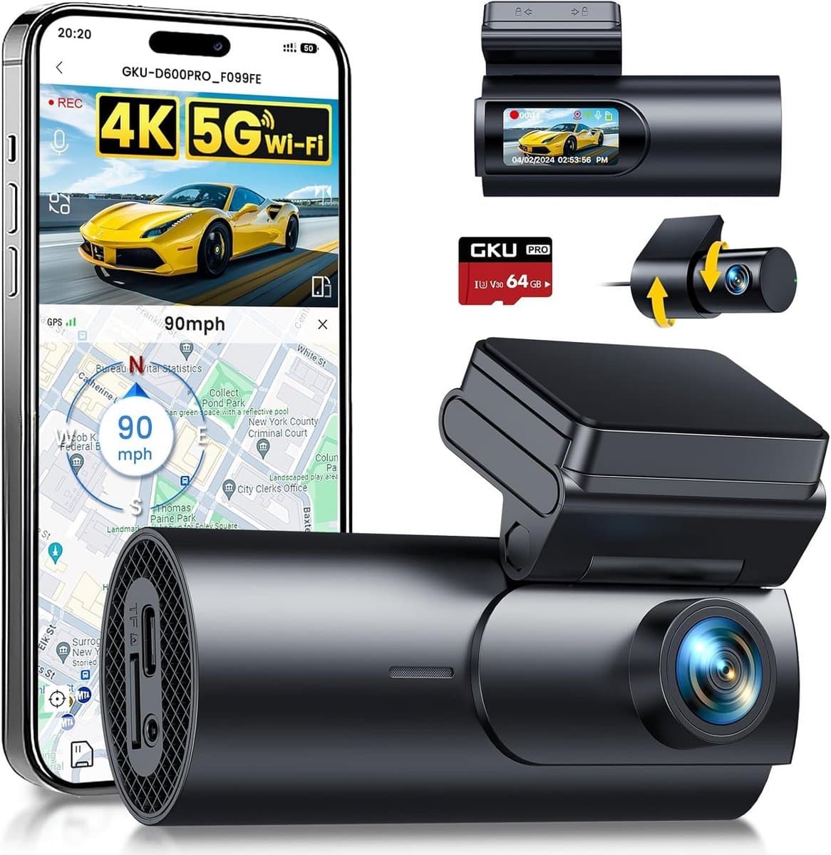 4K Dashcam Voor Achter - Dubbele Auto Camera - Veilig Rijden Vastleggen - Ingebouwde Wifi Besturing - 64GB Kaart Inbegrepen