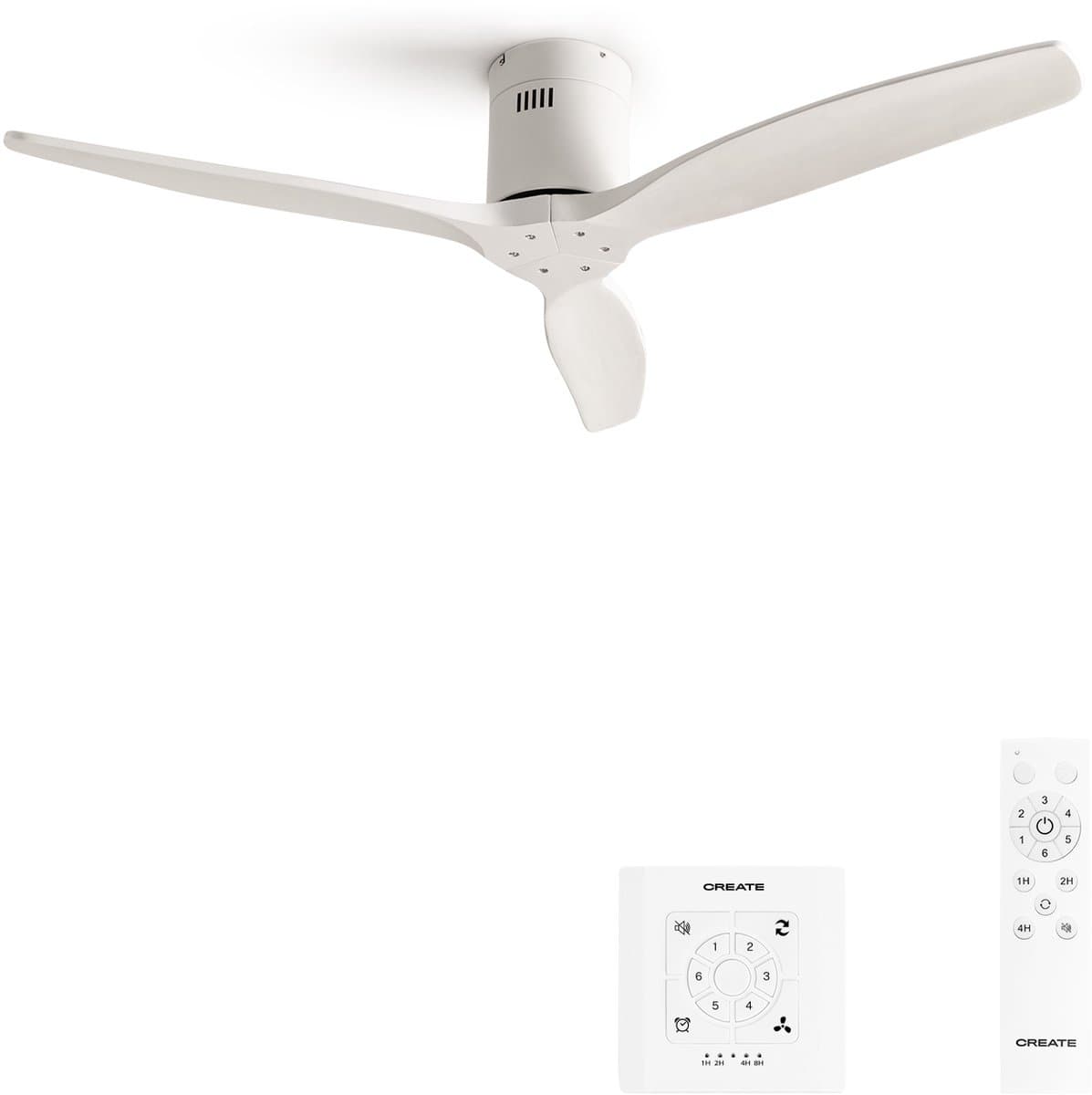 CREATE - Plafondventilator silent 100% hout 40W (Ø112cm) - Geen licht - Controller voor wandmontage + afstandsbediening - 6 snelheden - Programmeerbaar - WIND CALM NATURAL WOOD