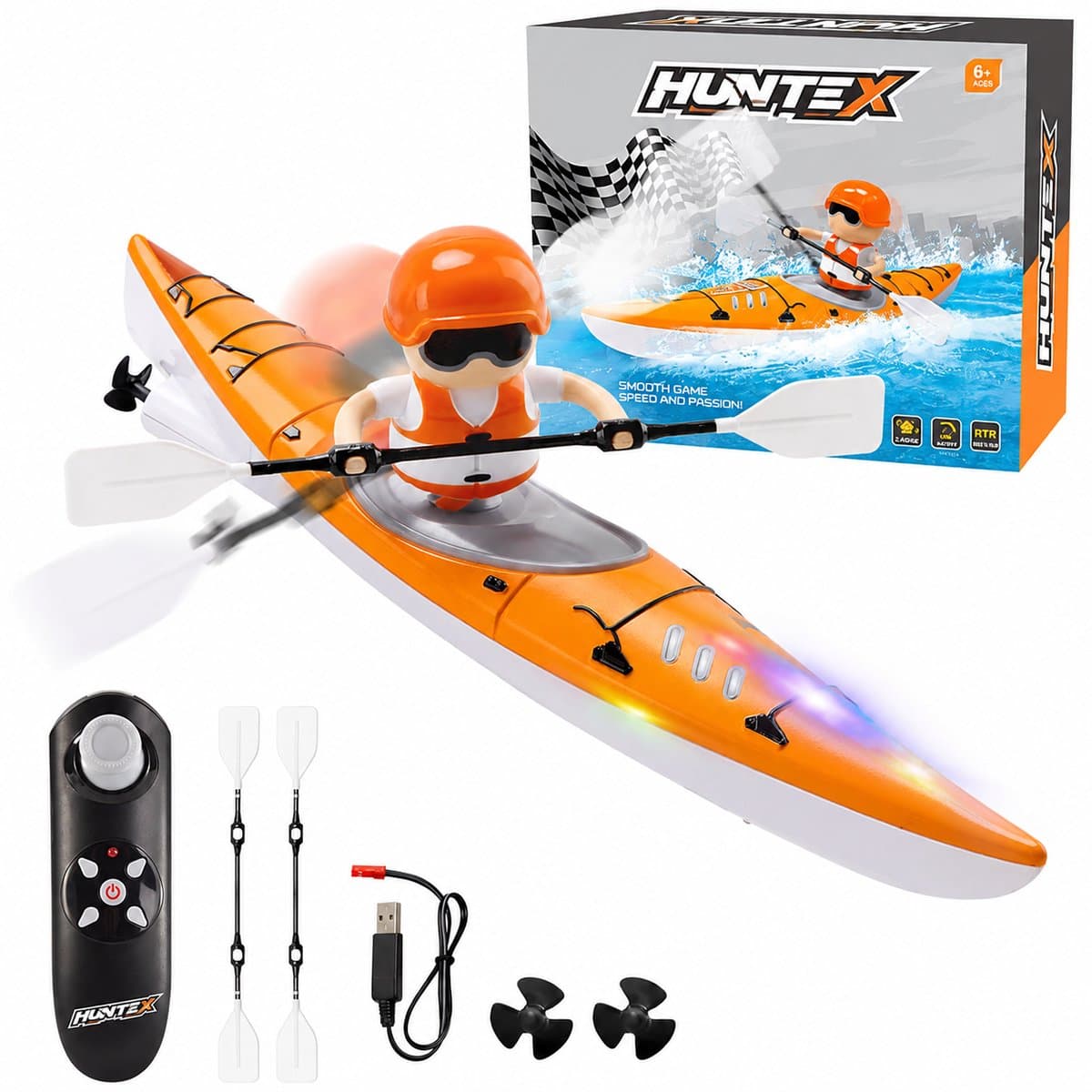 Huntex RC Kajak Boot – Op Afstand Bestuurbaar Water Speelgoed – Oranje - LED Verlichting – Inclusief Batterijen & Extra Propellers – Kinderboot 6-12 Jaar Cadeau