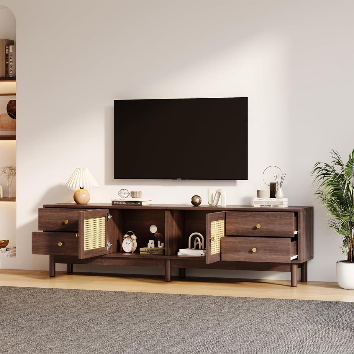 Luxe Rattan TV-Meubel 180 cm met Opbergruimte en Kabelmanagement – TV Kast voor 80 inch TV – Bruin 180 x 35 x 44 cm