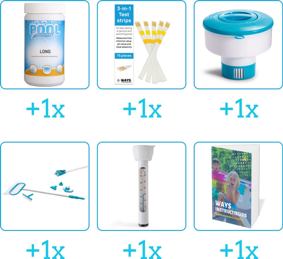 Zwembad Onderhoudspakket - Onderhoud Zwembad - bevat Chloor - Testrips - Chloordrijver - Schoonmaakset - Thermometer en Zwembadgids (6-delig)