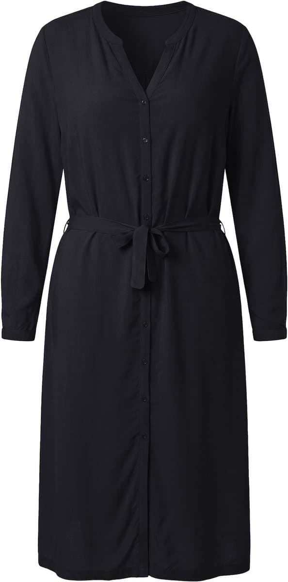 MIAMODA - Dames - Midi-jurk A-lijn strikceintuur knoopsluiting lange mouw - Zwart - Maat 60