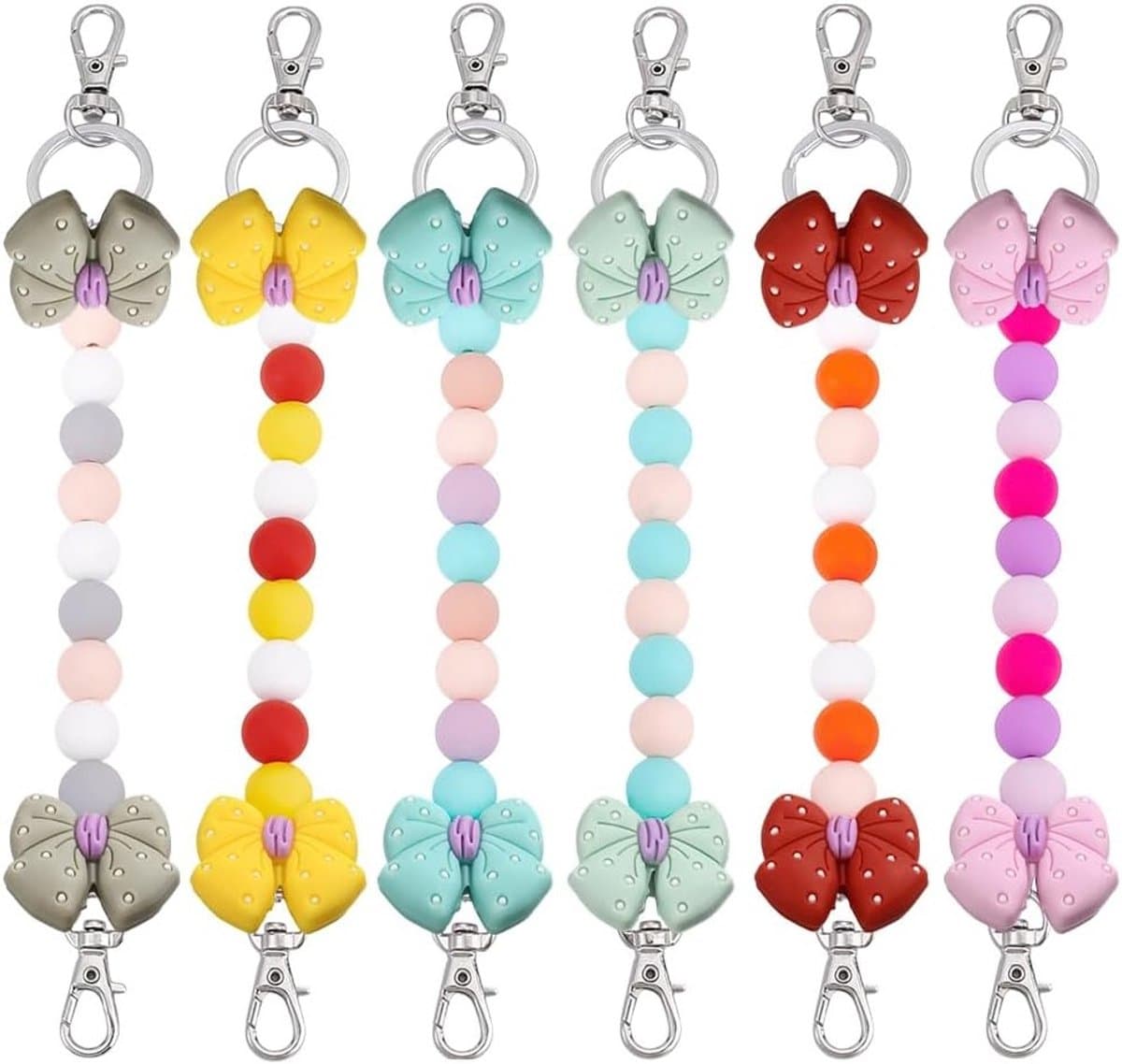 6 Stuks Muizenoortjes Sleutelhanger met Strik en Siliconen Kralen, 8.5 Inch Sleutelhanger voor Hoofdband Organisatie en Decoratie