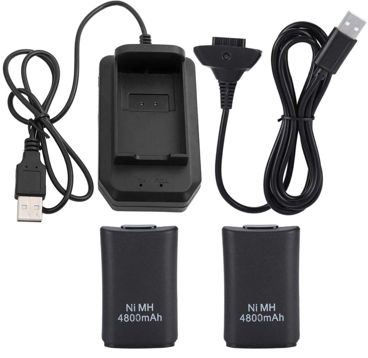 Jhubersproducts - Batterij voor Xbox 360-controller - Oplaadbare accu - 4800 mAh - Zwart - Reservebatterij en oplaadset - Geschikt voor Xbox 360 afsta