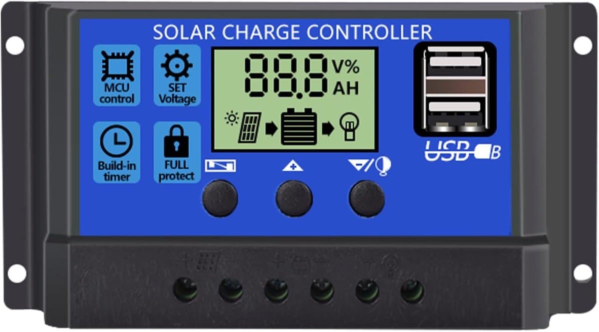 Solar Laadregelaar - Zonnepaneel Controller - Energie Beheer - 3-Stage PWM Laadmethode - 30A 12V/24V - Grijs