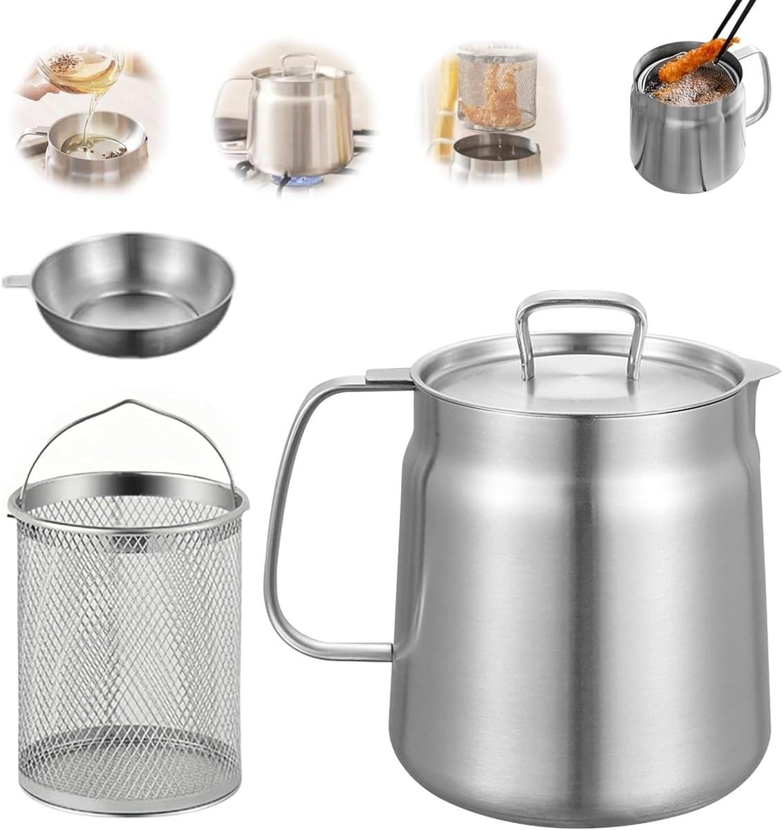 Diepvriespan 2 Liter met Zeef - Roestvrijstalen Multi-Functionele Frituurpan voor Olie en Vet Opslag, Ideaal voor Frituren en Koken