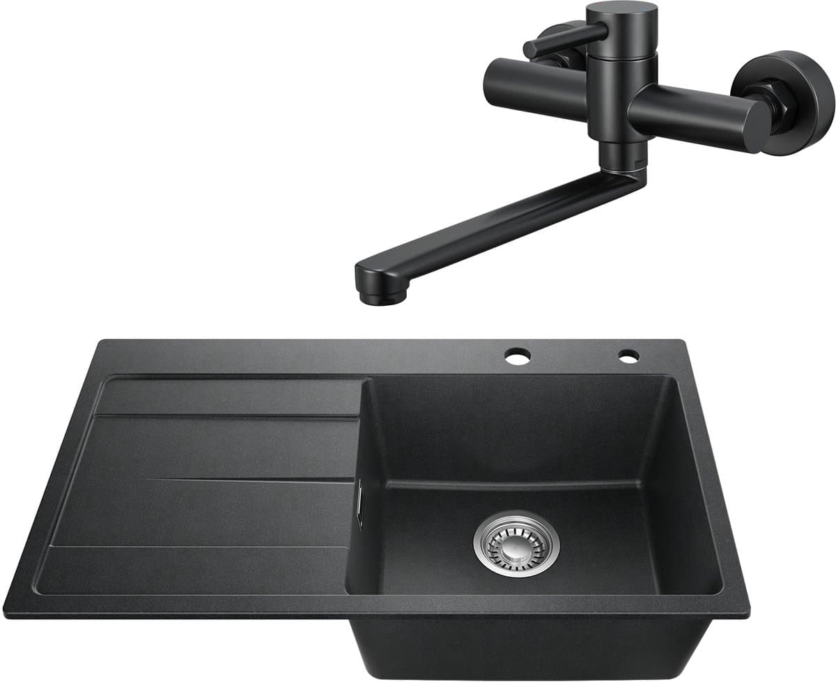 SOFETIY MAX Granieten Spoelbak 78x45CM Zwart - Spoelbakken Keuken Met Keukenkraan voor wandmontage Waterkraan - Spoelbak Met Planchet en Afdruiprek - Spoelbakken Incl. Sifon en Afvoerzeefje