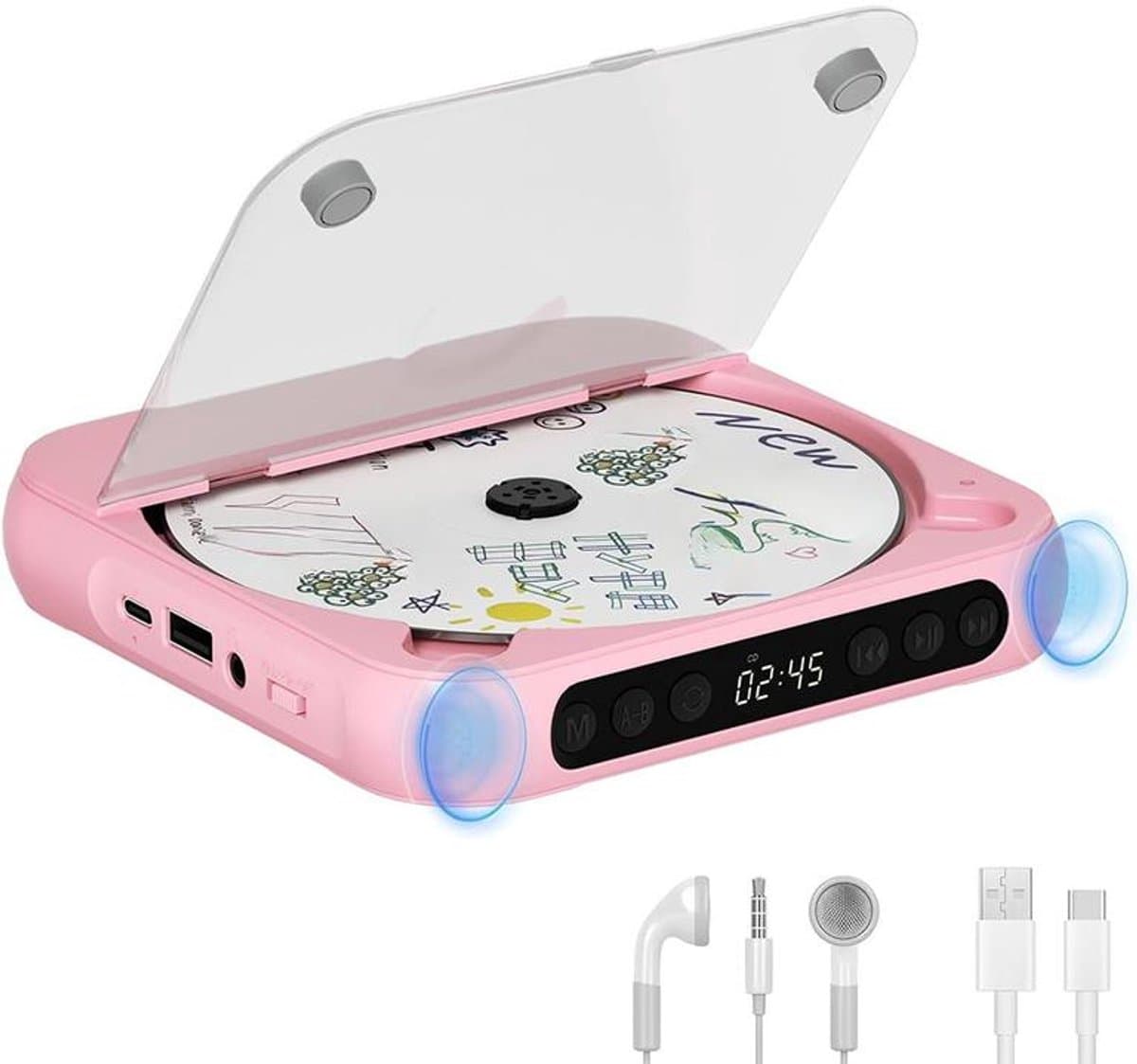 Draagbare cd-speler - Bluetooth-functionaliteit - Oplaadbaar - Ingebouwde hifi-luidsprekers - Hoofdtelefoonaansluiting - Ondersteunt cd-/aux-/usb-ingang en herhaalmodus - Geschikt voor thuis en in de auto - Roze