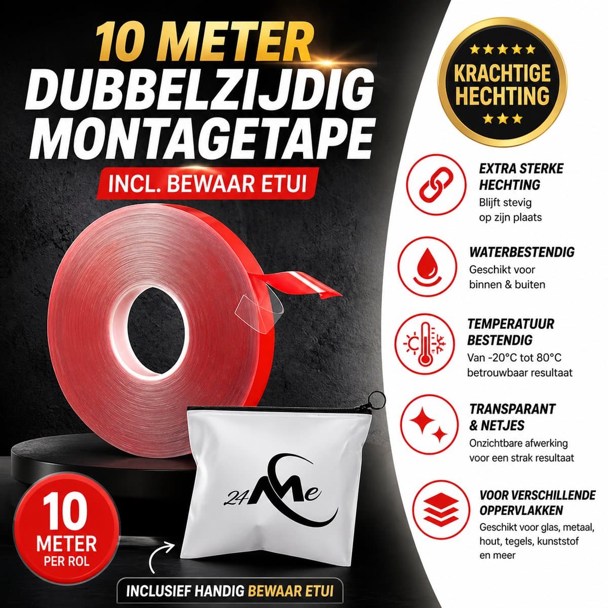 24ME® 10 Meter Professioneel Dubbelzijdig Tape - Montage Tape - Premium Kwaliteit - Ultra Sterk - VHB - Automotive - Ook voor Hobby