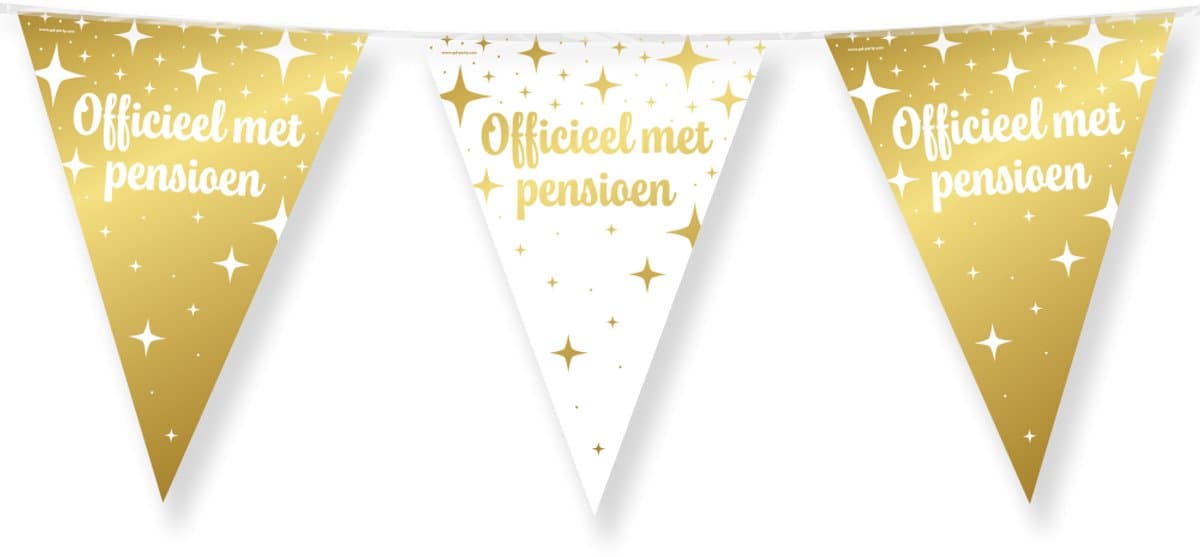 10 meter vlaggenlijn Wit/Goud folie - Officieel met pensioen - 12 vlaggen - 30 cm - Dubbelzijdig gedrukt - Glimmende folie