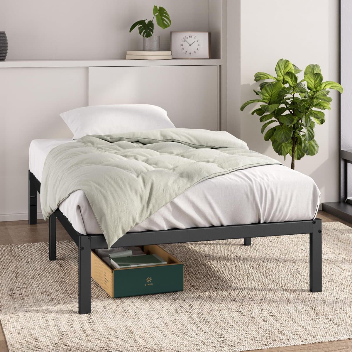 Allecto - Bed 90 x 200 cm - Opbergruimte - Hoogte 36 cm - Metalen platform bedframe - Zwart - Slaapcomfort - Geschikt voor slaapkamer