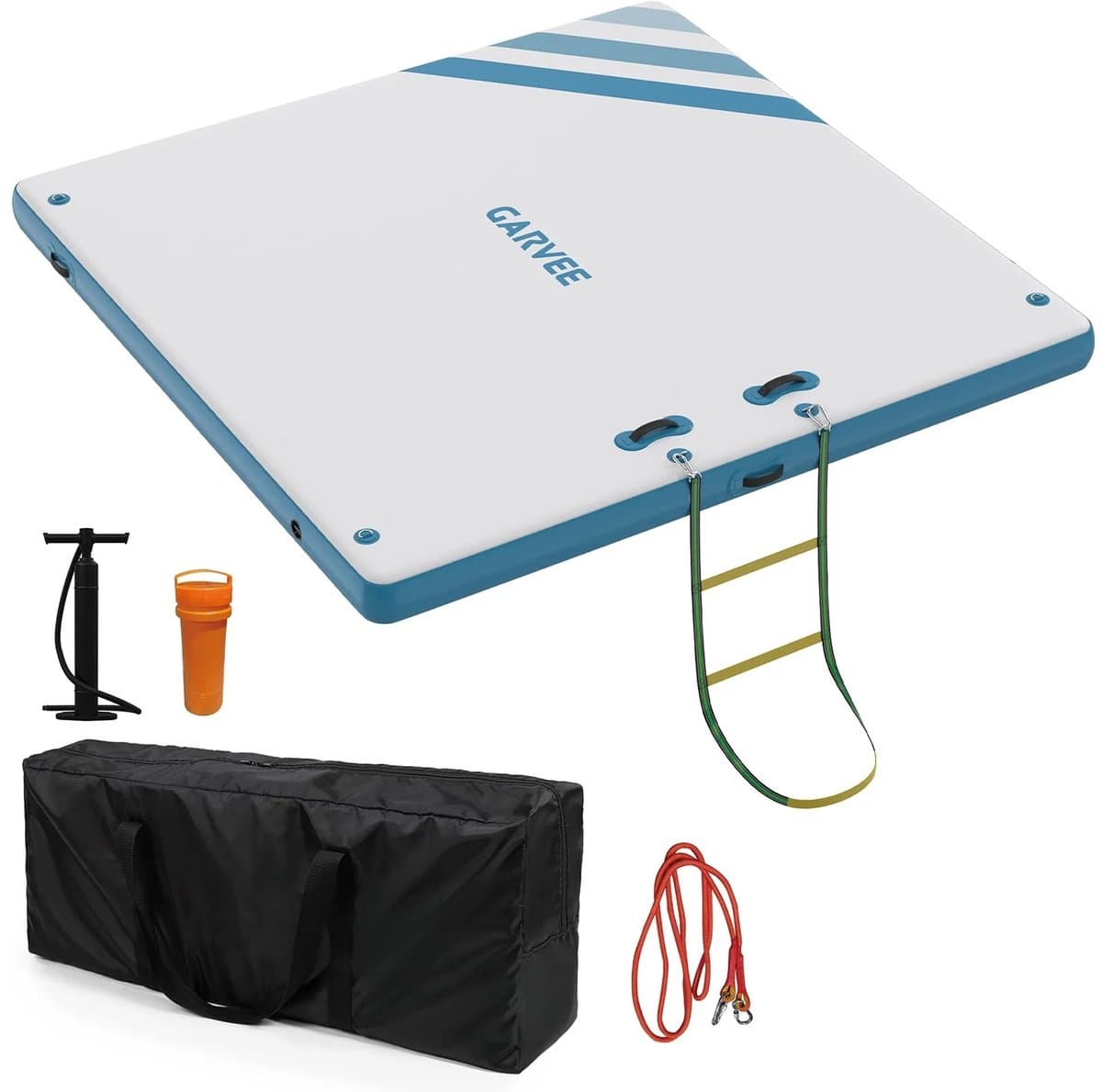 Allero Drijfplank - Zwemplank - Opblaasbaar - Waterplatform - 1,8x1,5m - Drijvend Vlot - Eiland - Met Touwladder - Wit - Blauw